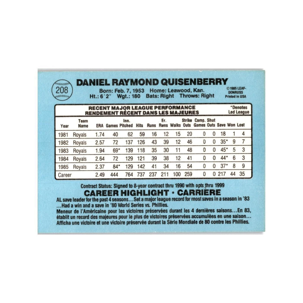 Dan Quisenberry 1986 Leaf #208 Kansas City Royals Baseball Card NM