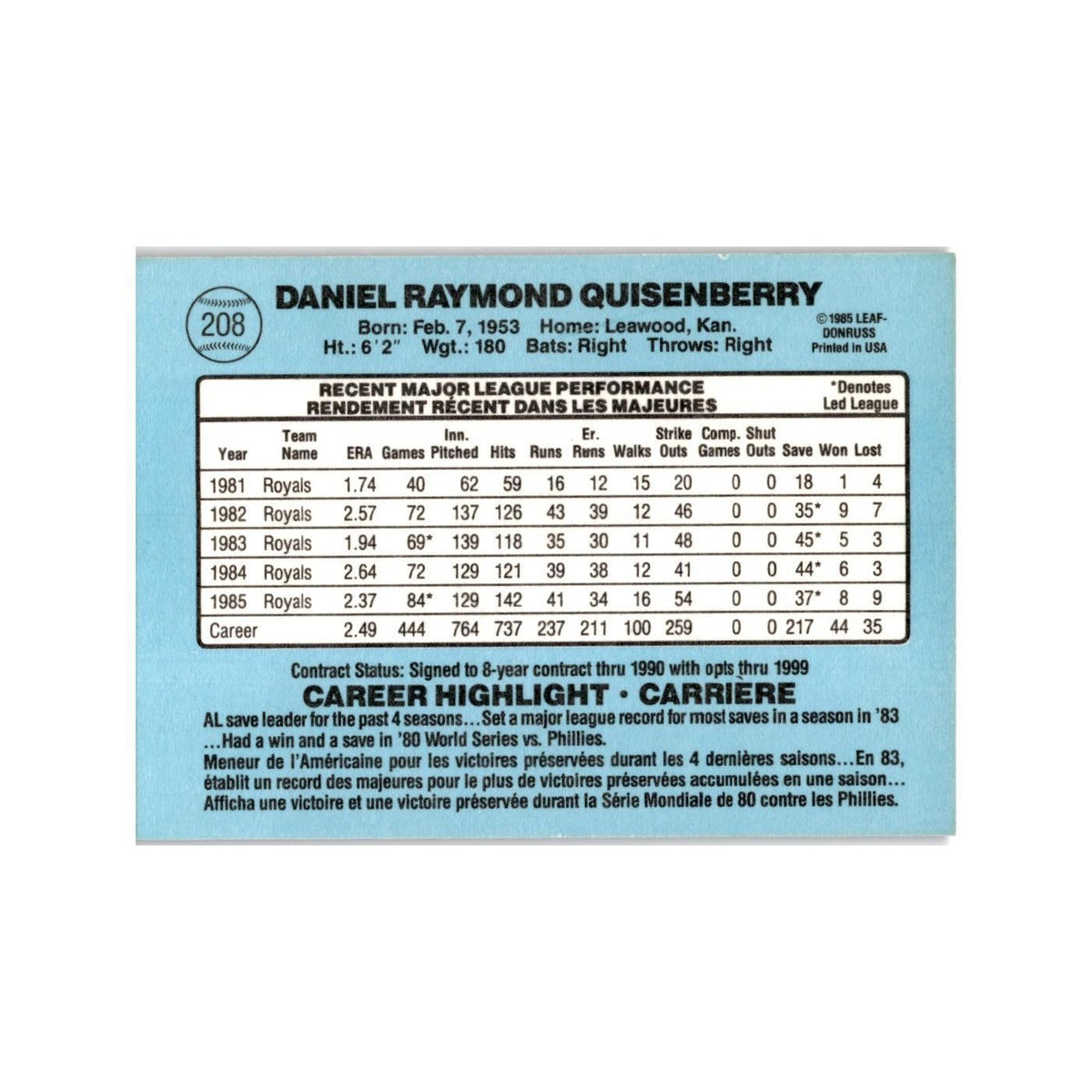 Dan Quisenberry 1986 Leaf #208 Kansas City Royals Baseball Card NM