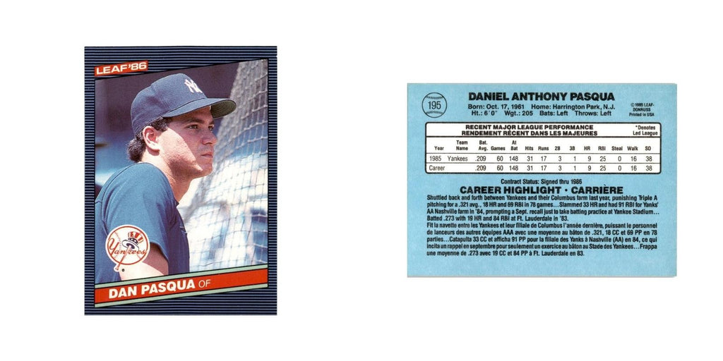 Dan Pasqua 1986 Leaf #195 New York Yankees Baseball Card NM
