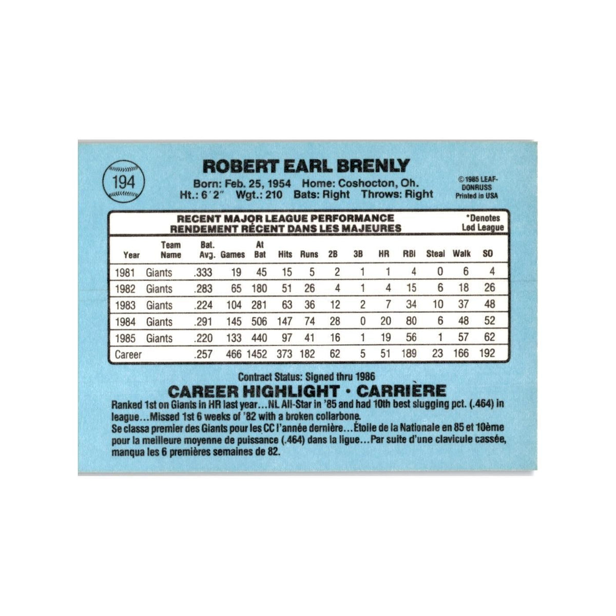 Bob Brenly 1986 Leaf #194 San Francisco Giants Baseball Card NM