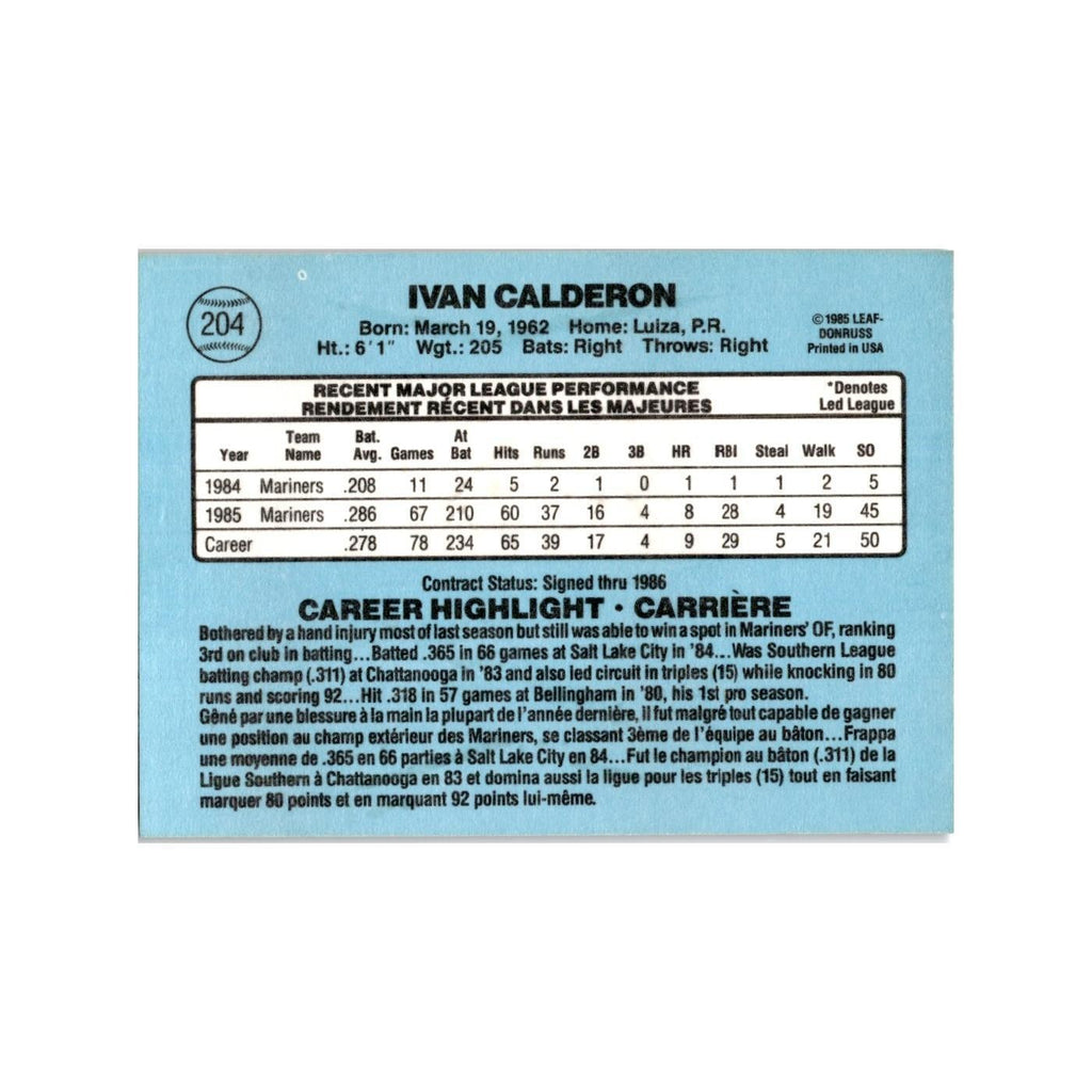 Ivan Calderon Rookie 1986 Leaf #204 Seattle Mariners Baseball Card NM