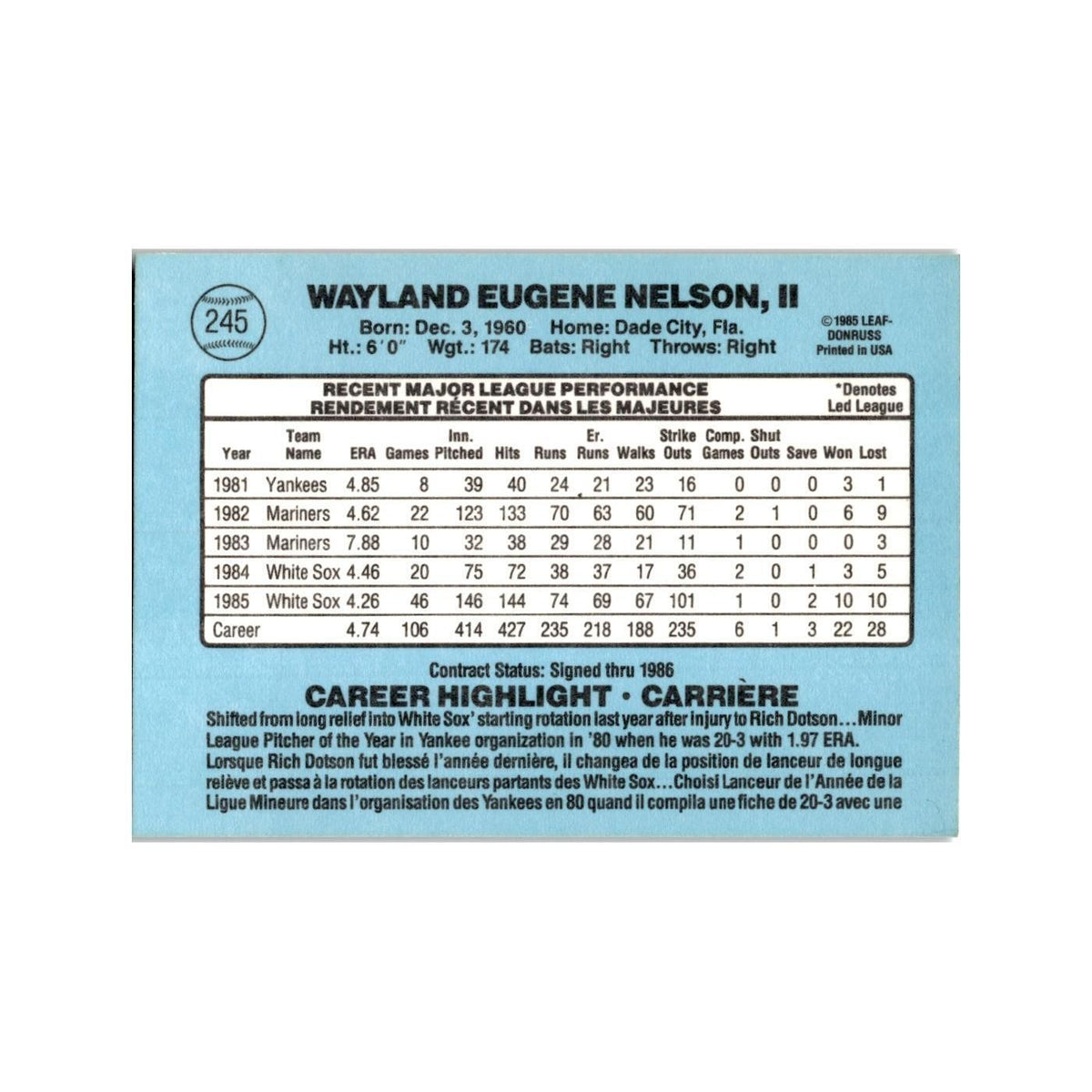 Gene Nelson 1986 Leaf #245 Chicago White Sox Baseball Card NM