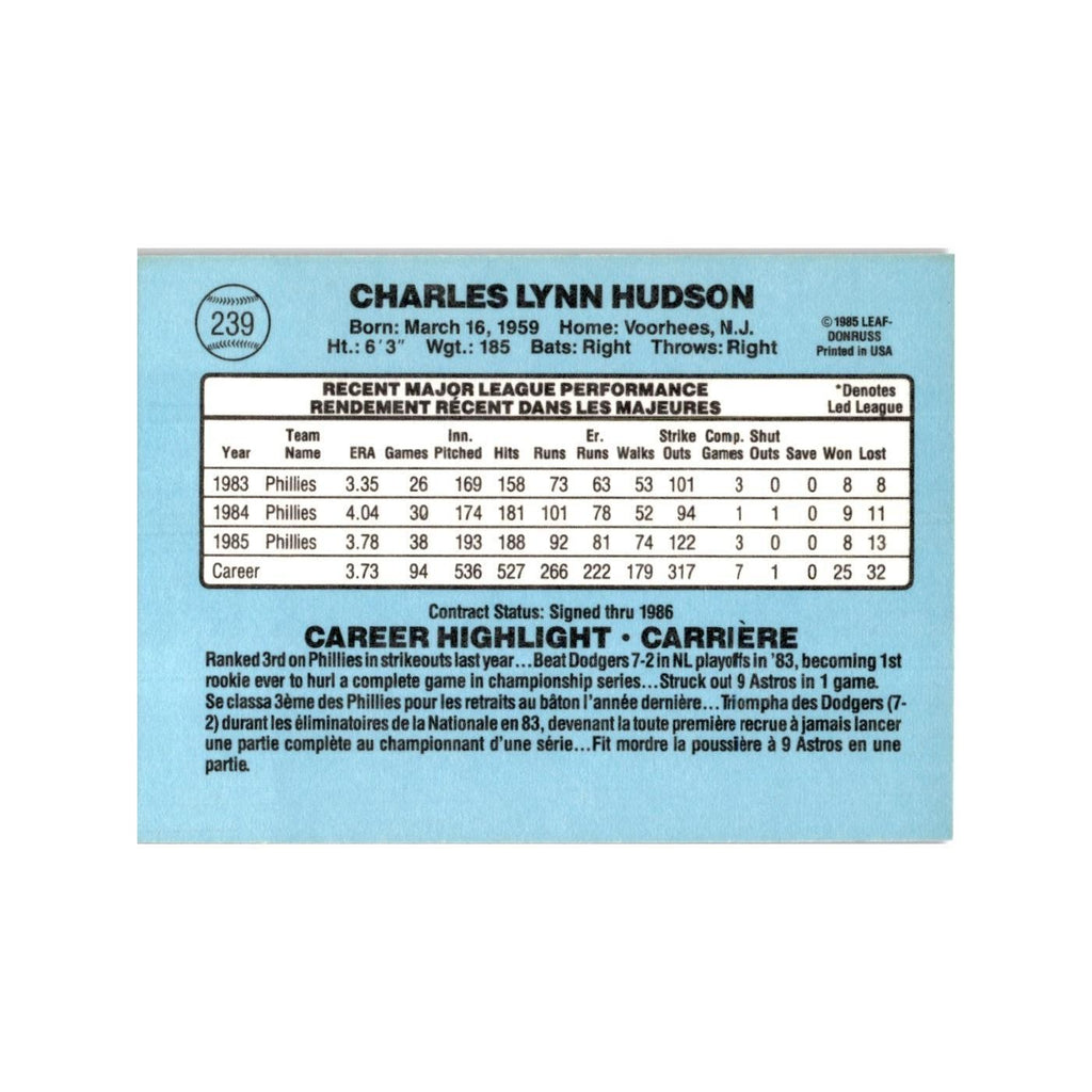 Charles Hudson 1986 Leaf #239 Philadelphia Phillies Baseball Card NM