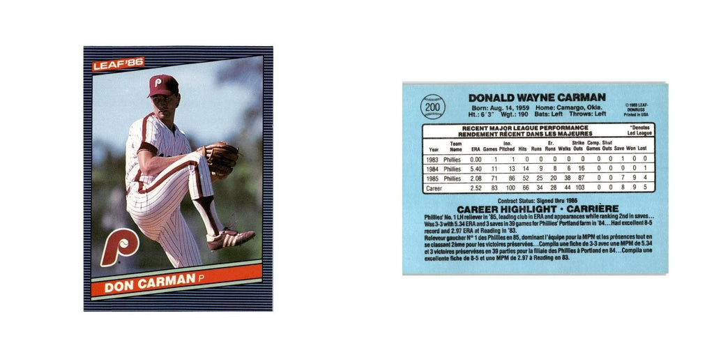Don Carman Rookie 1986 Leaf #200 Philadelphia Phillies Baseball Card NM