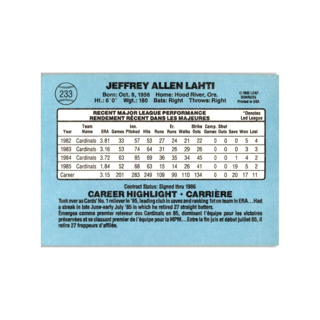 Jeff Lahti 1986 Leaf #233 St. Louis Cardinals Baseball Card NM