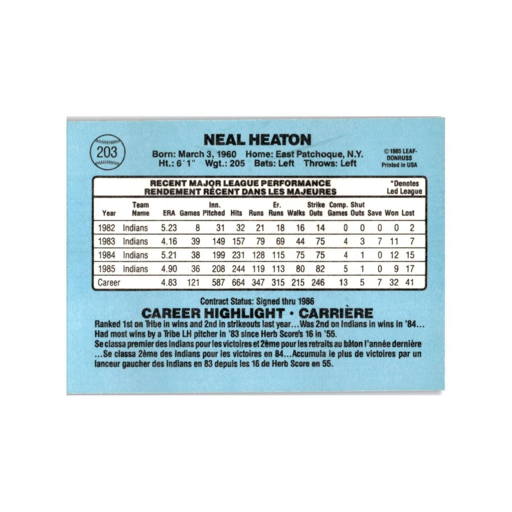 Neal Heaton 1986 Leaf #203 Cleveland Indians Baseball Card NM