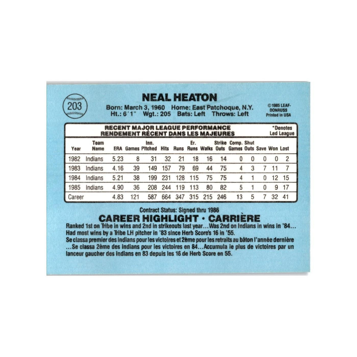 Neal Heaton 1986 Leaf #203 Cleveland Indians Baseball Card NM