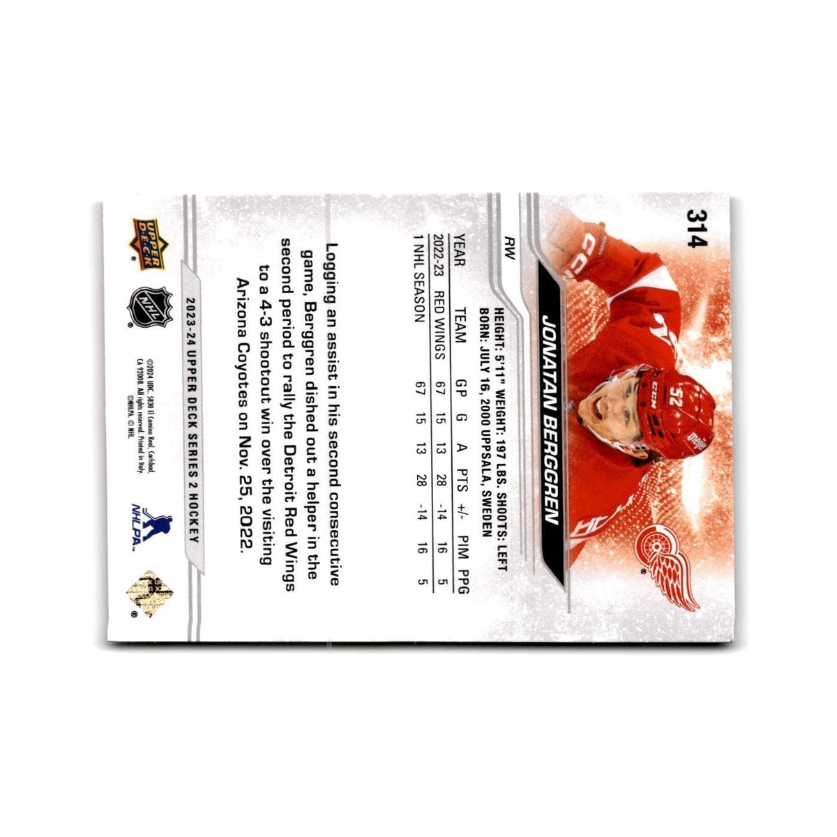 2023 Upper Deck Jonatan Berggren Detroit Red Wings #314