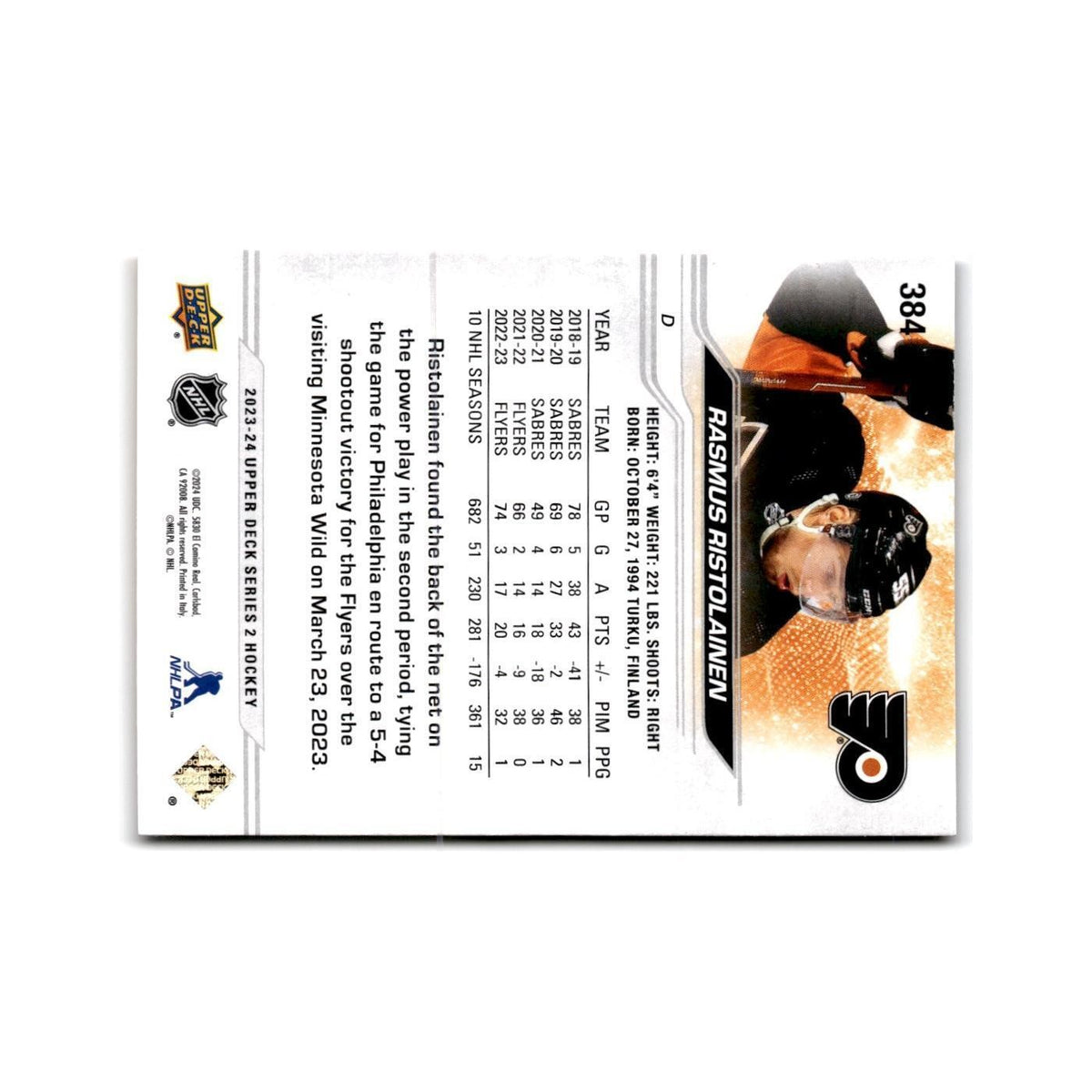 2023 Upper Deck Rasmus Ristolainen Philadelphia Flyers #384