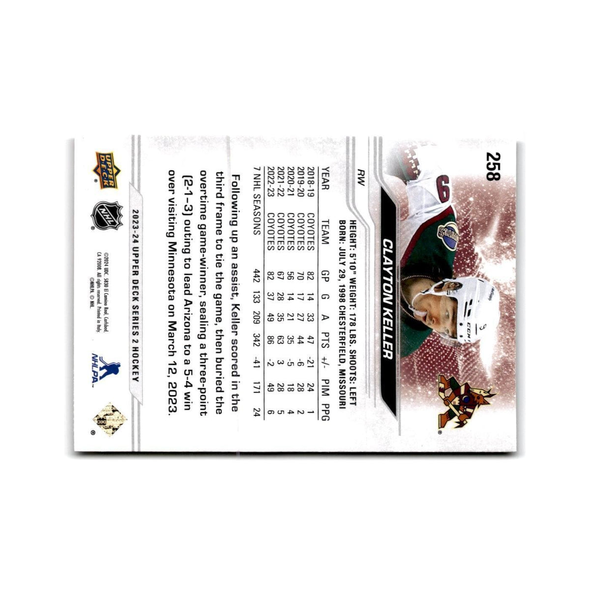 2023 Upper Deck Clayton Keller Arizona Coyotes #258