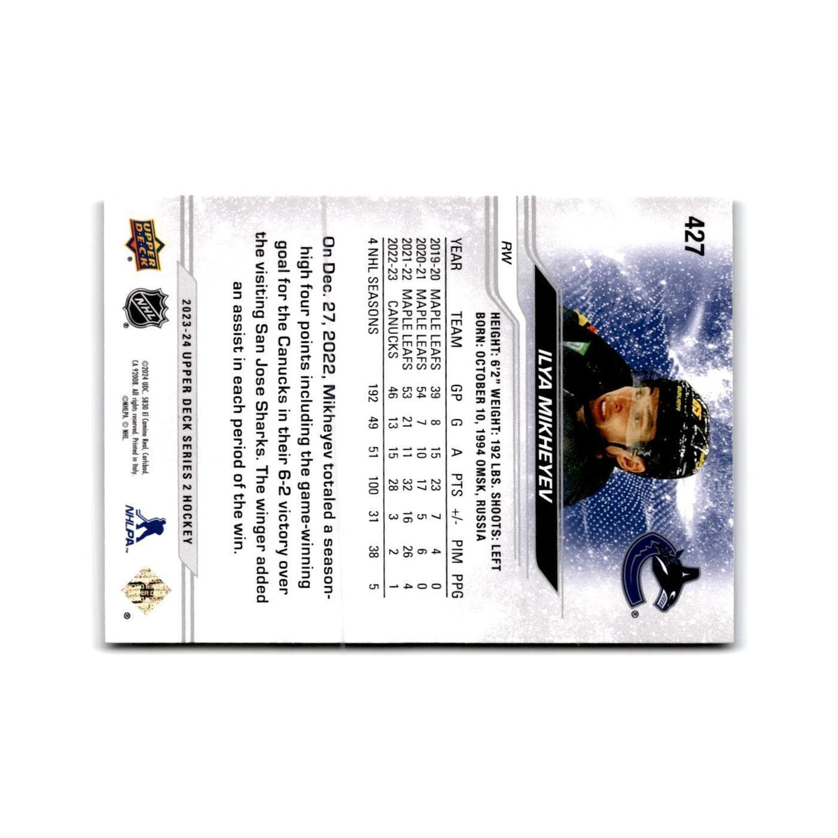 2023 Upper Deck Ilya Mikheyev Vancouver Canucks #427