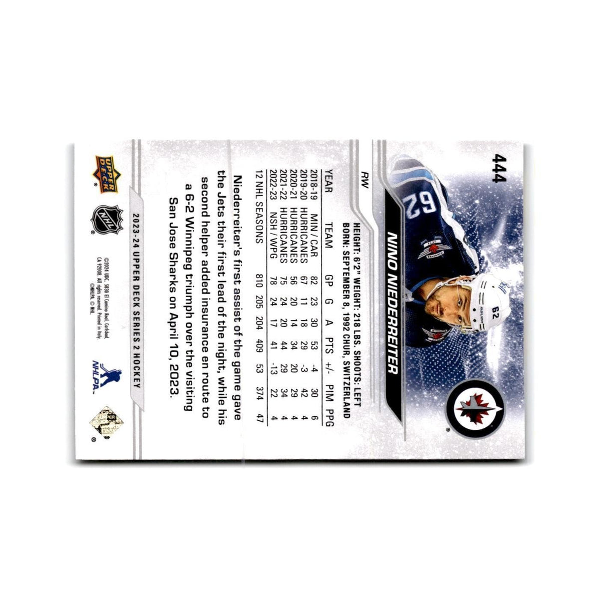 2023 Upper Deck Nino Niederreiter Winnipeg Jets #444