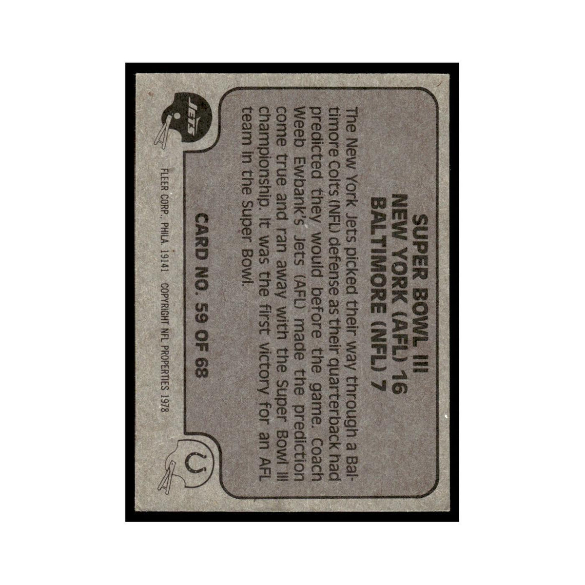 1978 Fleer Team Action Super Bowl III #59