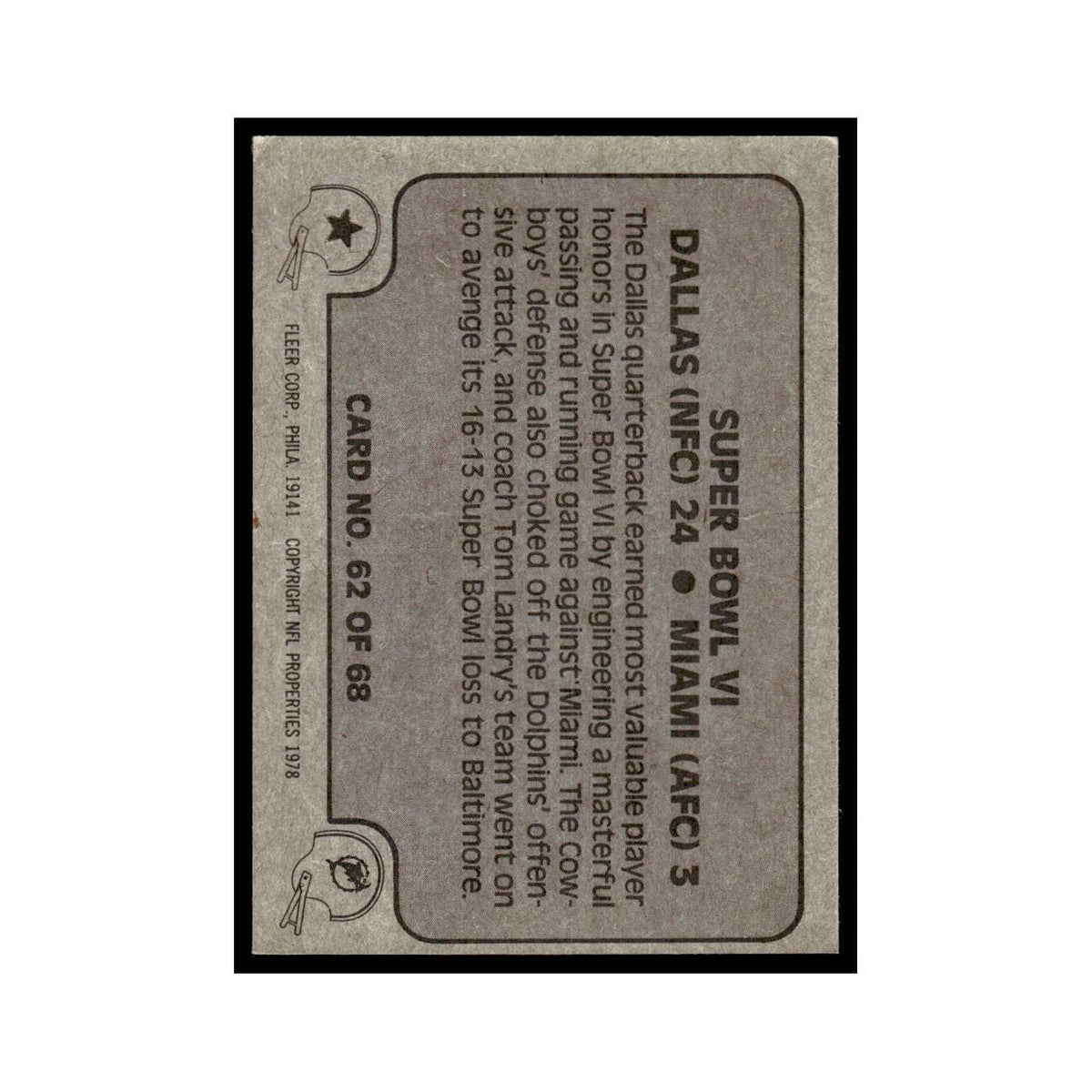 1978 Fleer Team Action Super Bowl VI #62