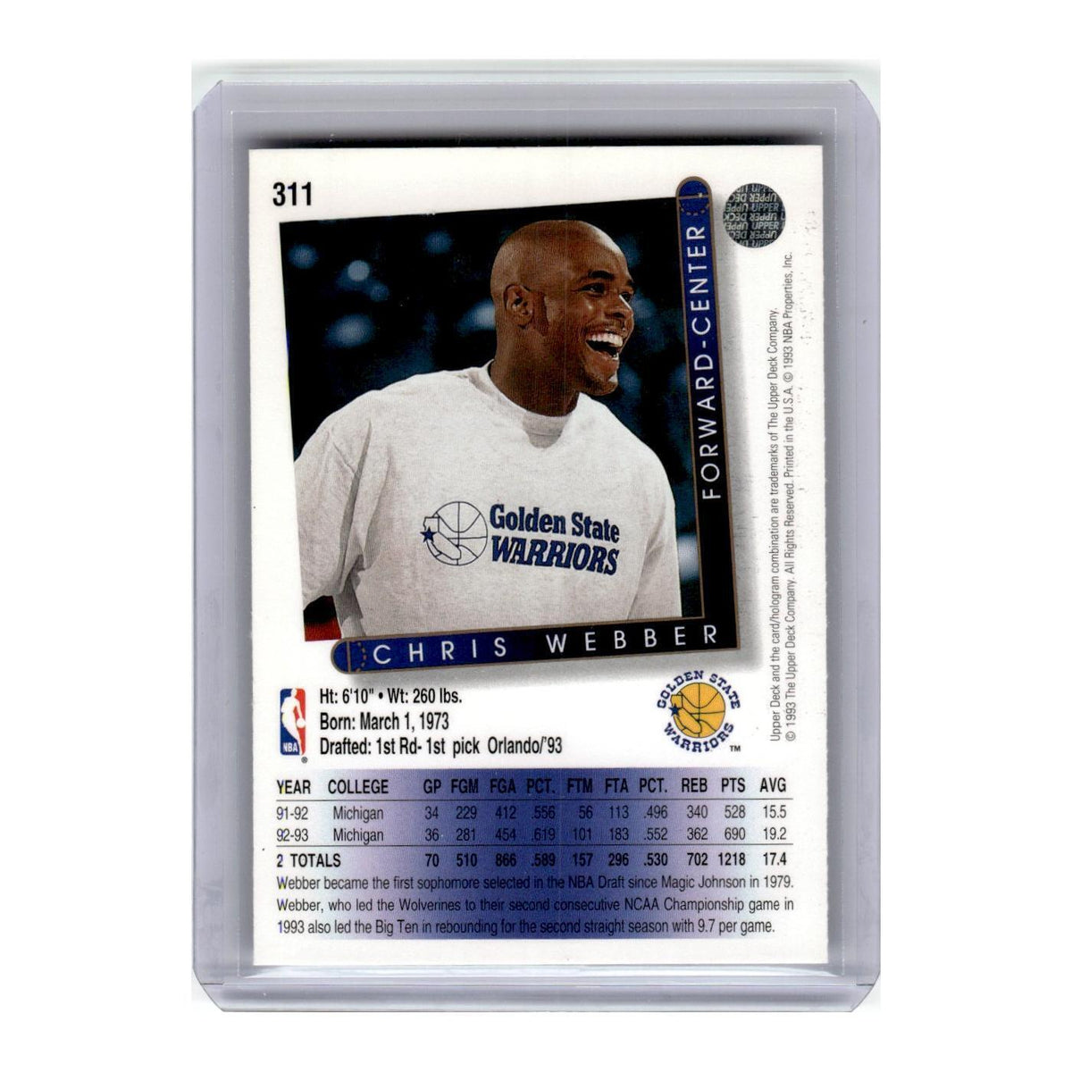 1993 Upper Deck Chris Webber RC Golden State Warriors #311