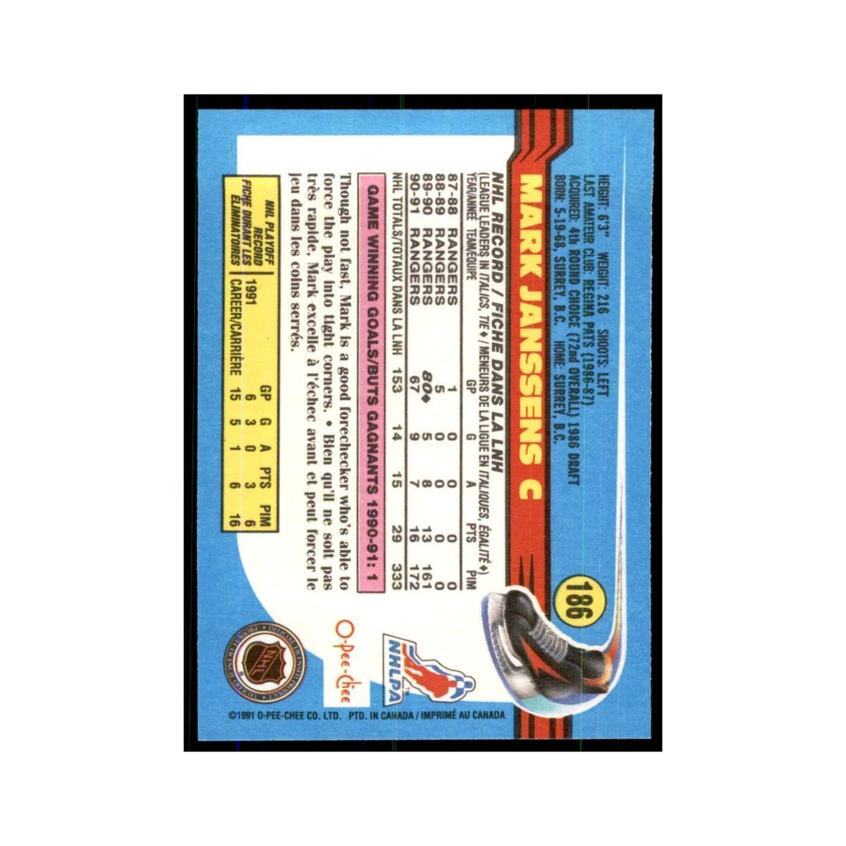 Mark Janssens 1991 O-Pee-Chee #186 New York Rangers Hockey Card NM