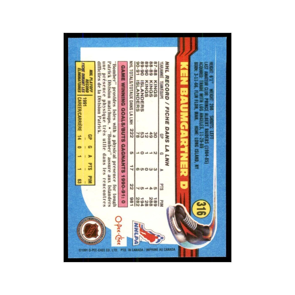 Ken Baumgartner 1991 O-Pee-Chee #316 New York Islanders Hockey Card NM