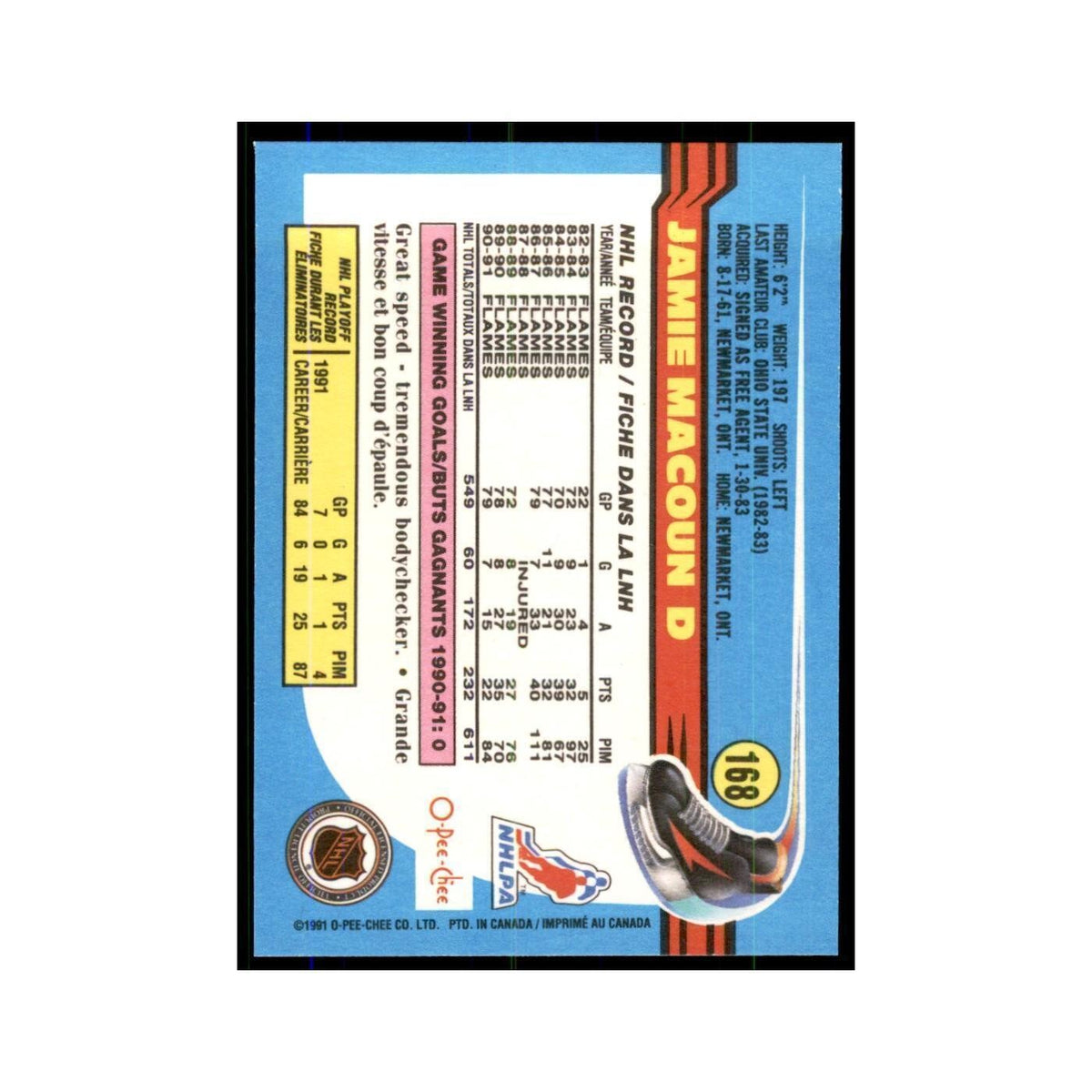 Jamie Macoun 1991 O-Pee-Chee #168 Calgary Flames Hockey Card NM