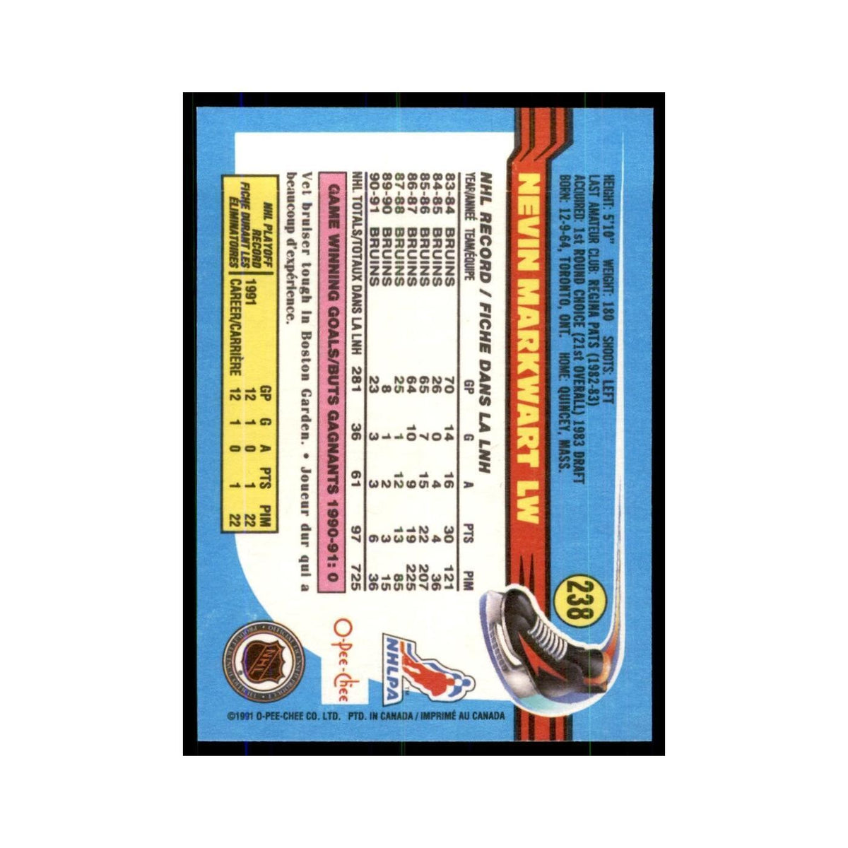 Nevin Markwart 1991 O-Pee-Chee #238 Boston Bruins Hockey Card NM