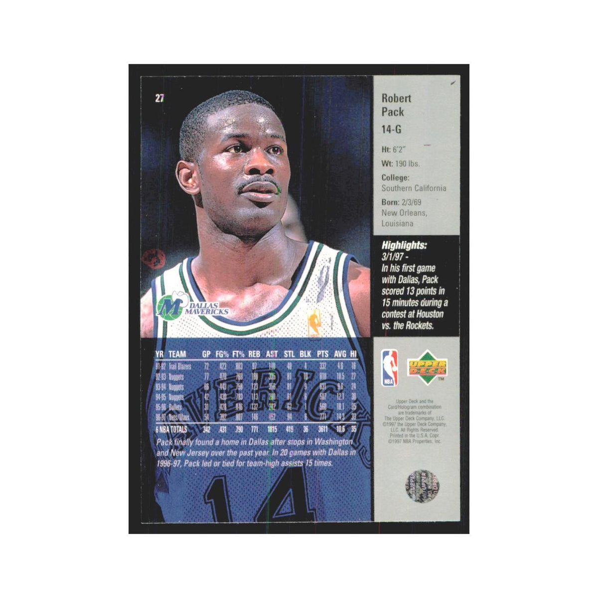 Robert Pack 1997 Upper Deck #27 Dallas Mavericks Basketball Card NM