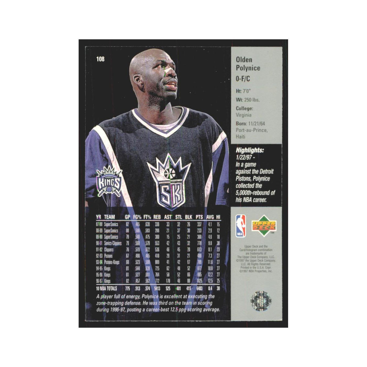 Olden Polynice 1997 Upper Deck #108 Sacramento Kings Basketball Card NM