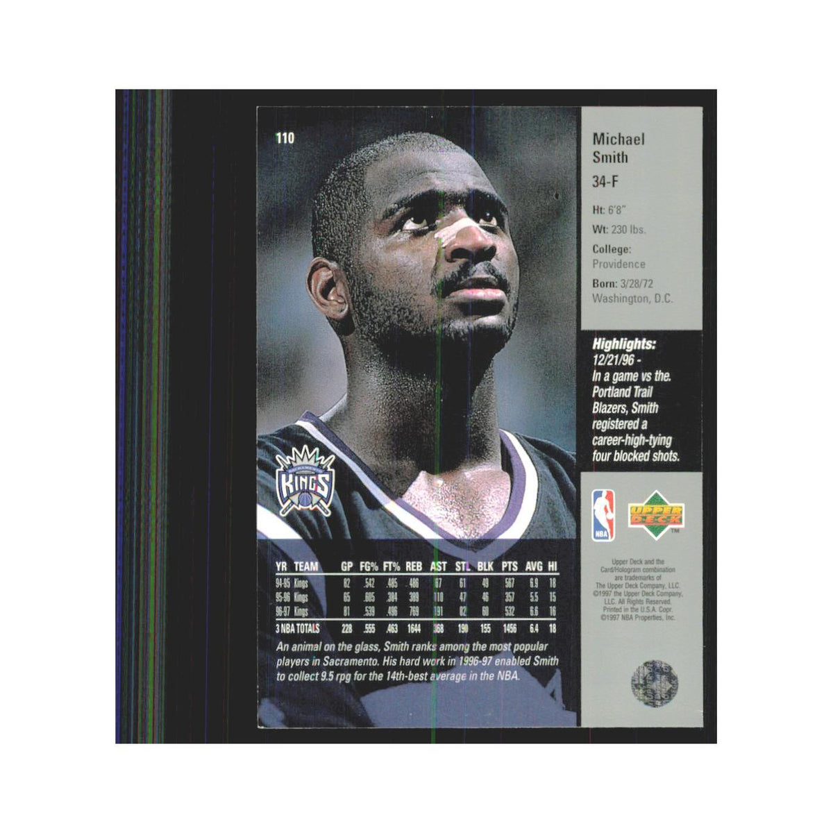 Michael Smith 1997 Upper Deck #110 Sacramento Kings Basketball Card NM