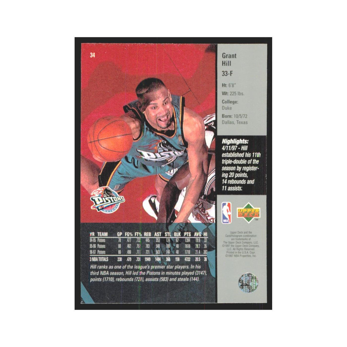 Grant Hill 1997 Upper Deck #34 Detroit Pistons Basketball Card NM