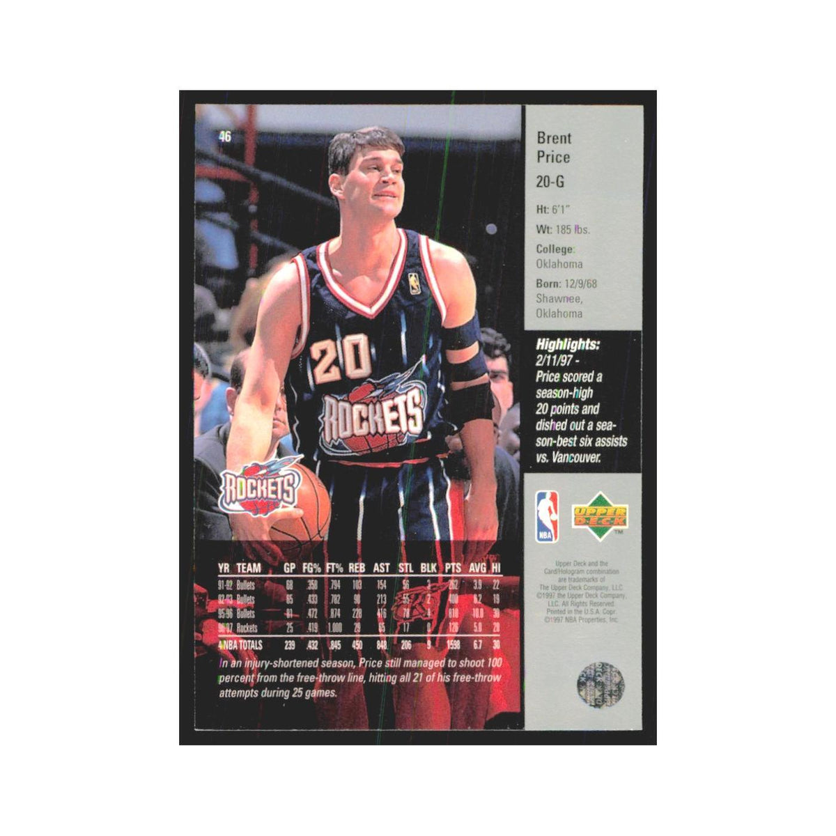 Brent Price 1997 Upper Deck #46 Houston Rockets Basketball Card NM