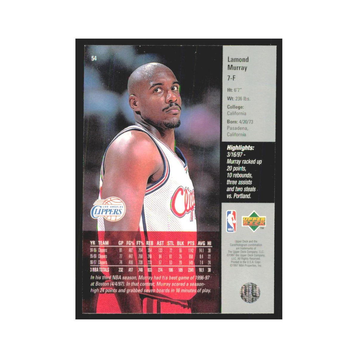 Lamond Murray 1997 Upper Deck #54 Los Angeles Clippers Basketball Card NM