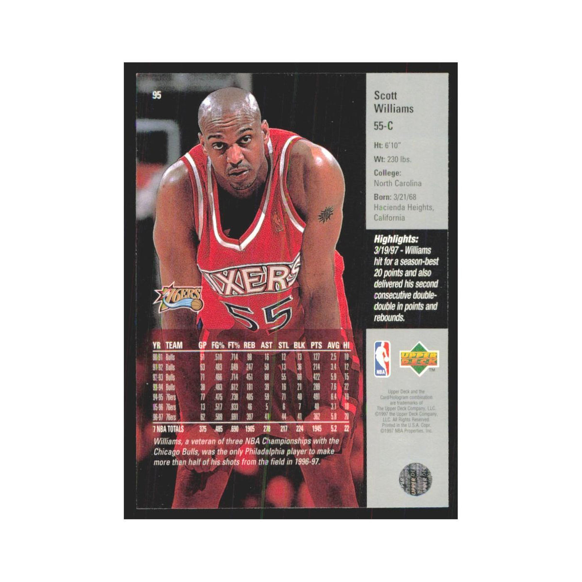 Scott Williams 1997 Upper Deck #95 Philadelphia 76ers Basketball Card NM