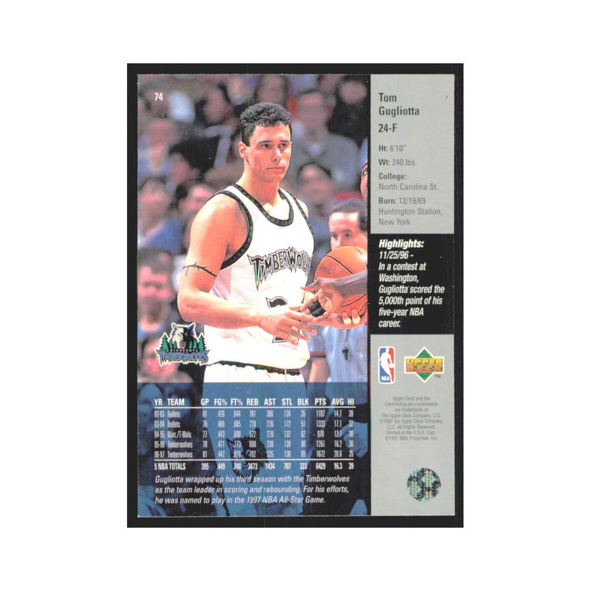 Tom Gugliotta 1997 Upper Deck #74 Minnesota Timberwolves Basketball Card NM