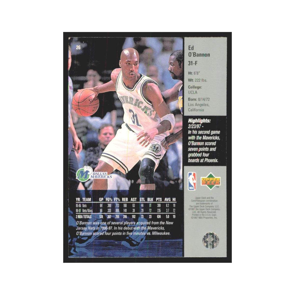 Ed O'Bannon 1997 Upper Deck #26 Dallas Mavericks Basketball Card NM