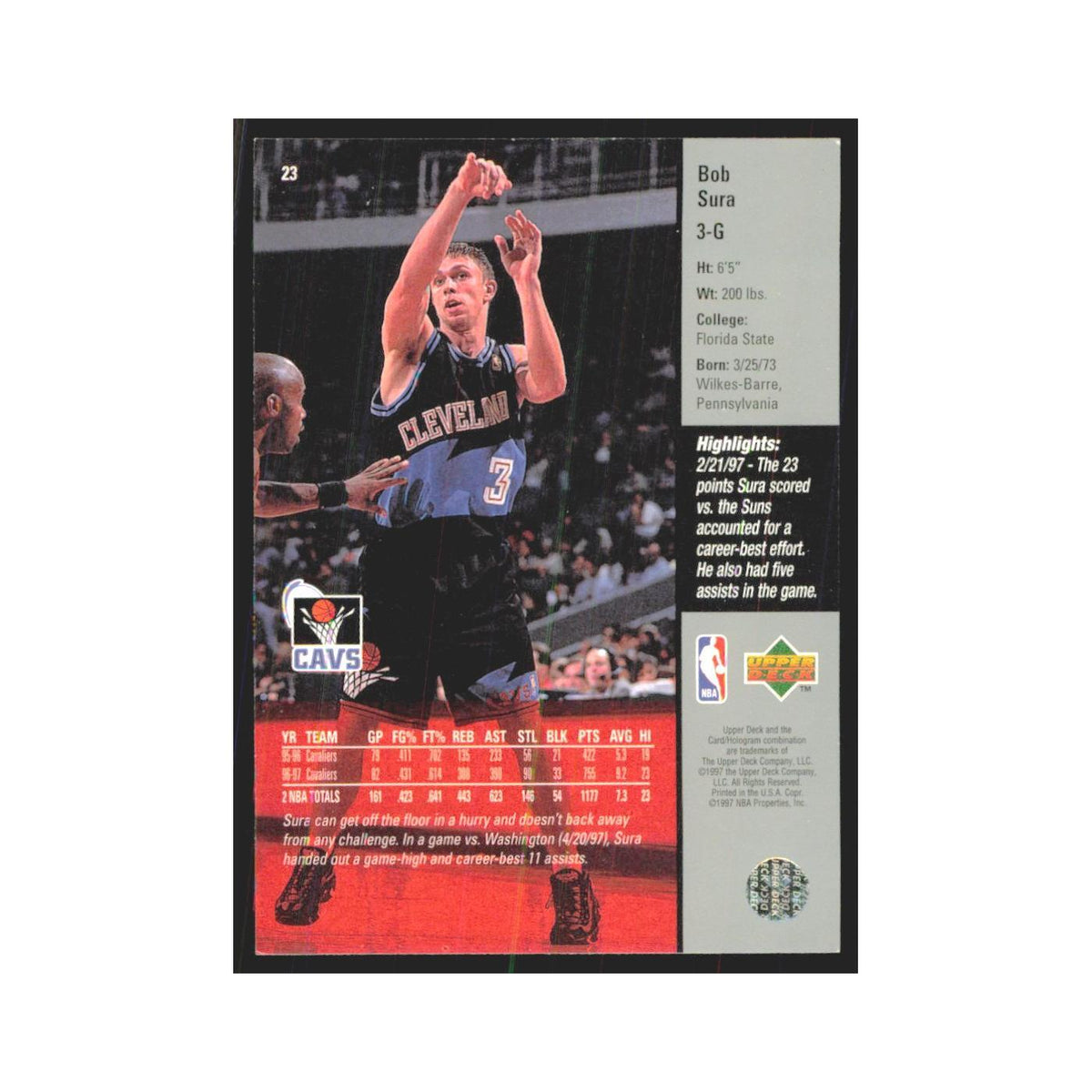 Bob Sura 1997 Upper Deck #23 Cleveland Cavaliers Basketball Card NM