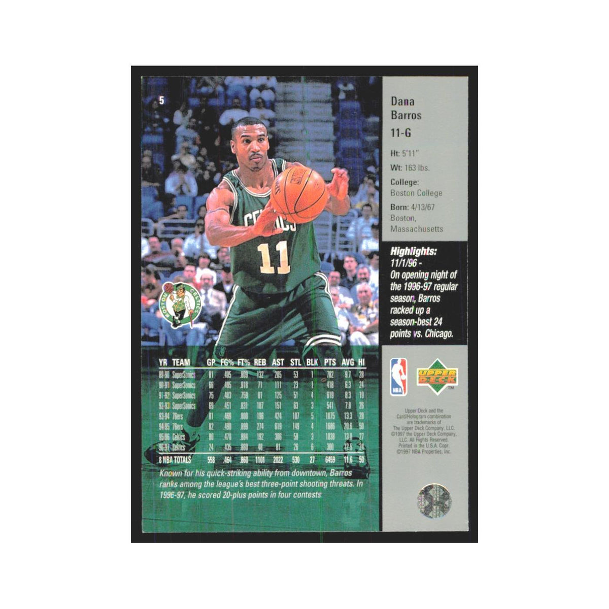 Dana Barros 1997 Upper Deck #5 Boston Celtics Basketball Card NM