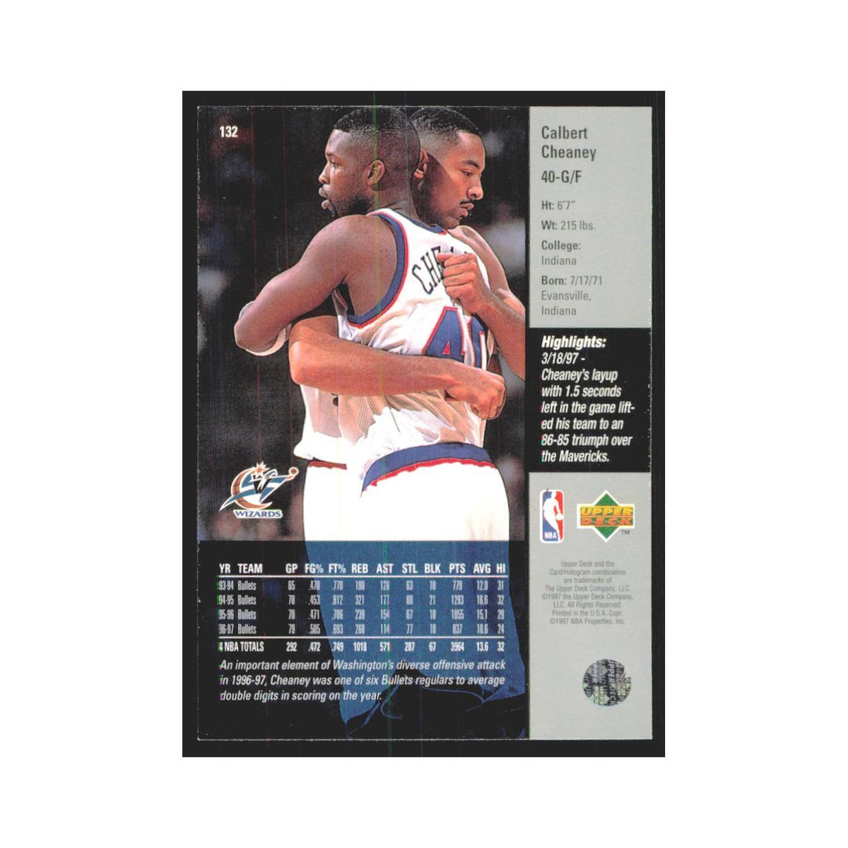 Calbert Cheaney 1997 Upper Deck #132 Washington Wizards Basketball Card NM