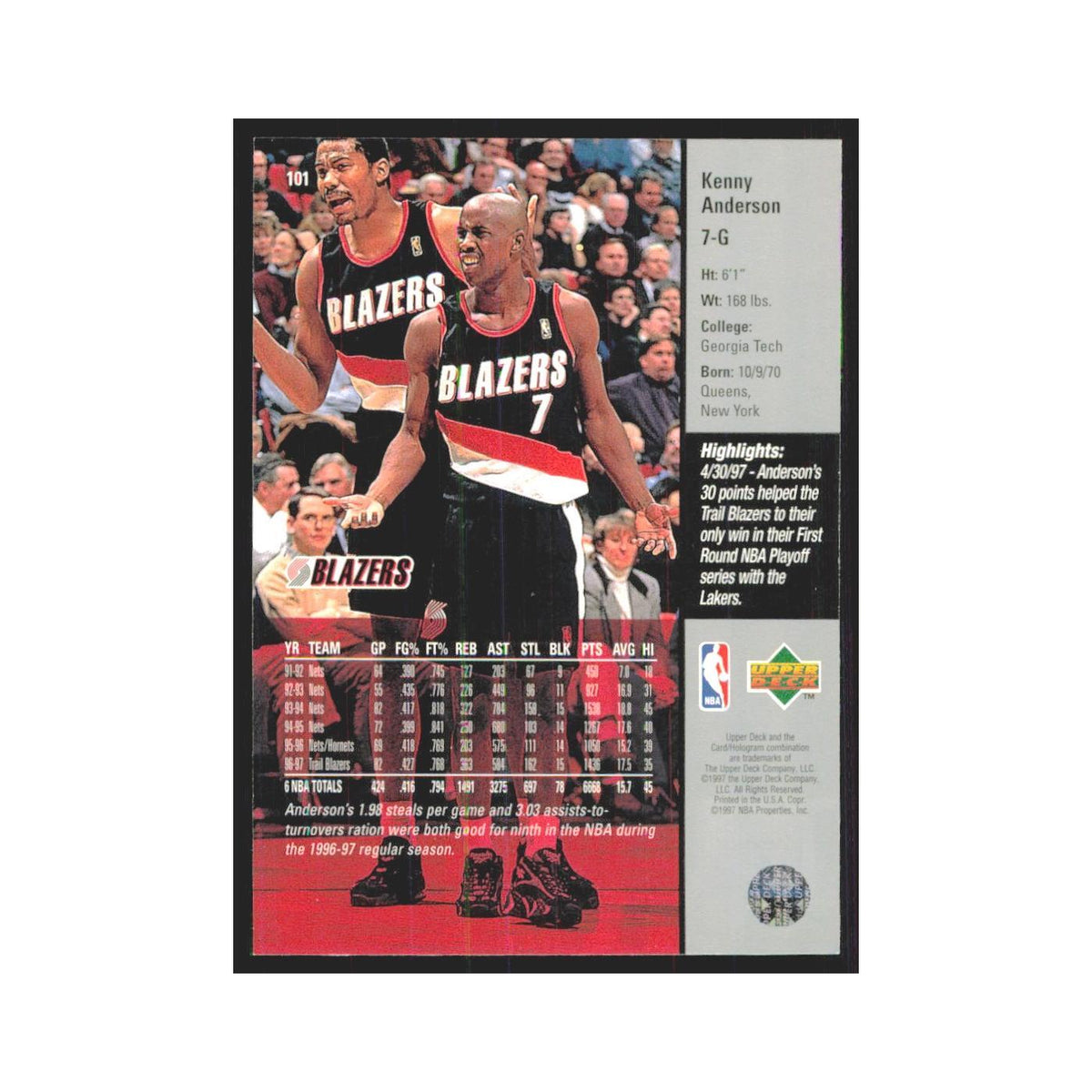 Kenny Anderson 1997 Upper Deck #101 Portland Trail Blazers Basketball Card NM
