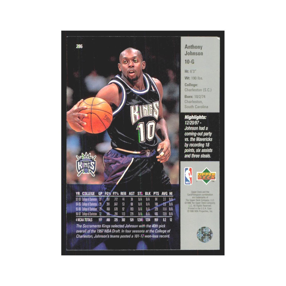 Anthony Johnson 1997 Upper Deck #286 Sacramento Kings Basketball Card NM