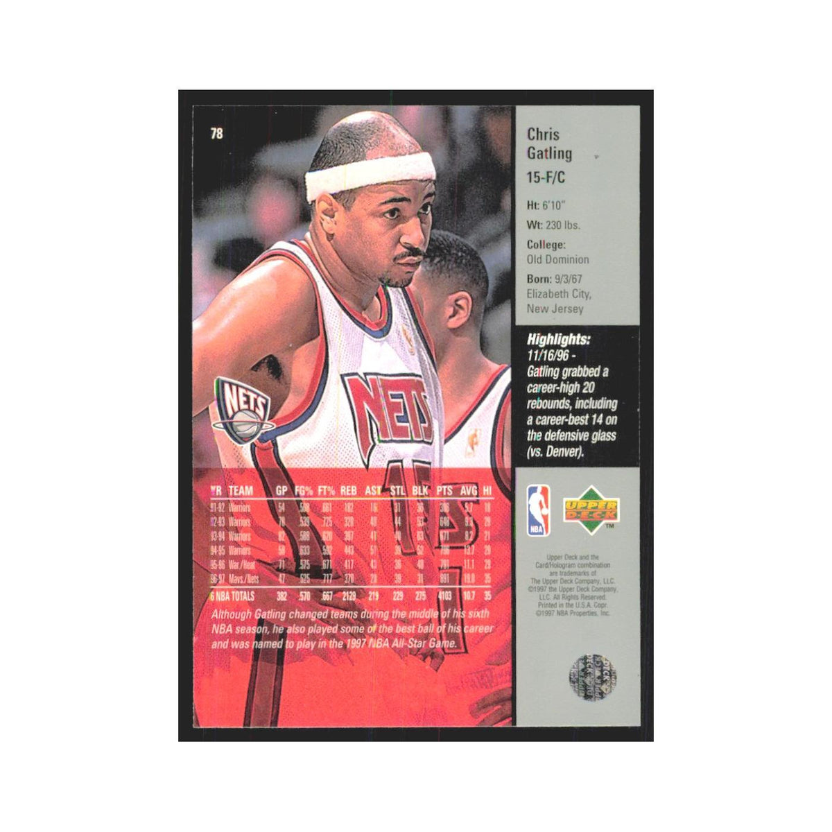 Chris Gatling 1997 Upper Deck #78 New Jersey Nets Basketball Card NM
