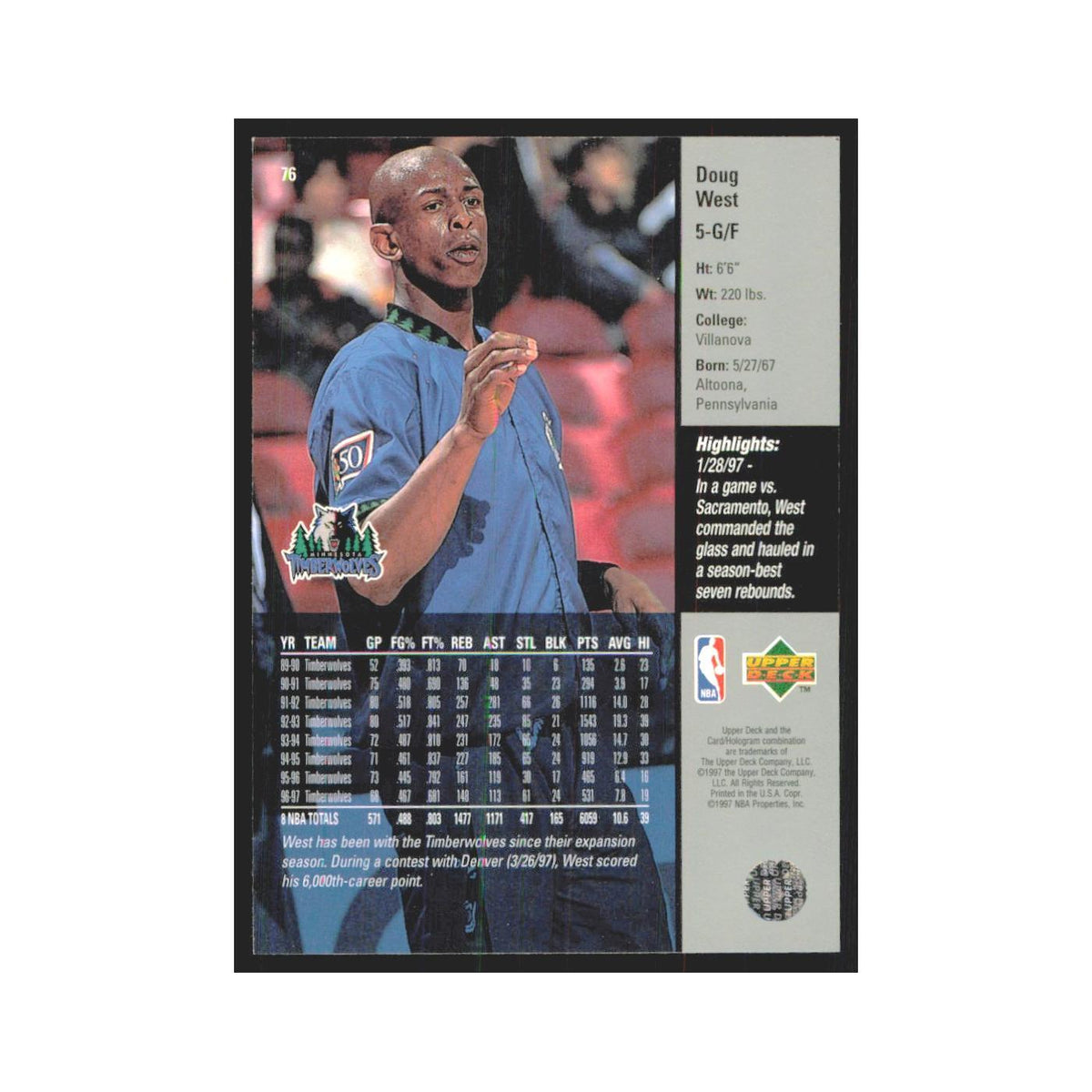 Doug West 1997 Upper Deck #76 Minnesota Timberwolves Basketball Card NM