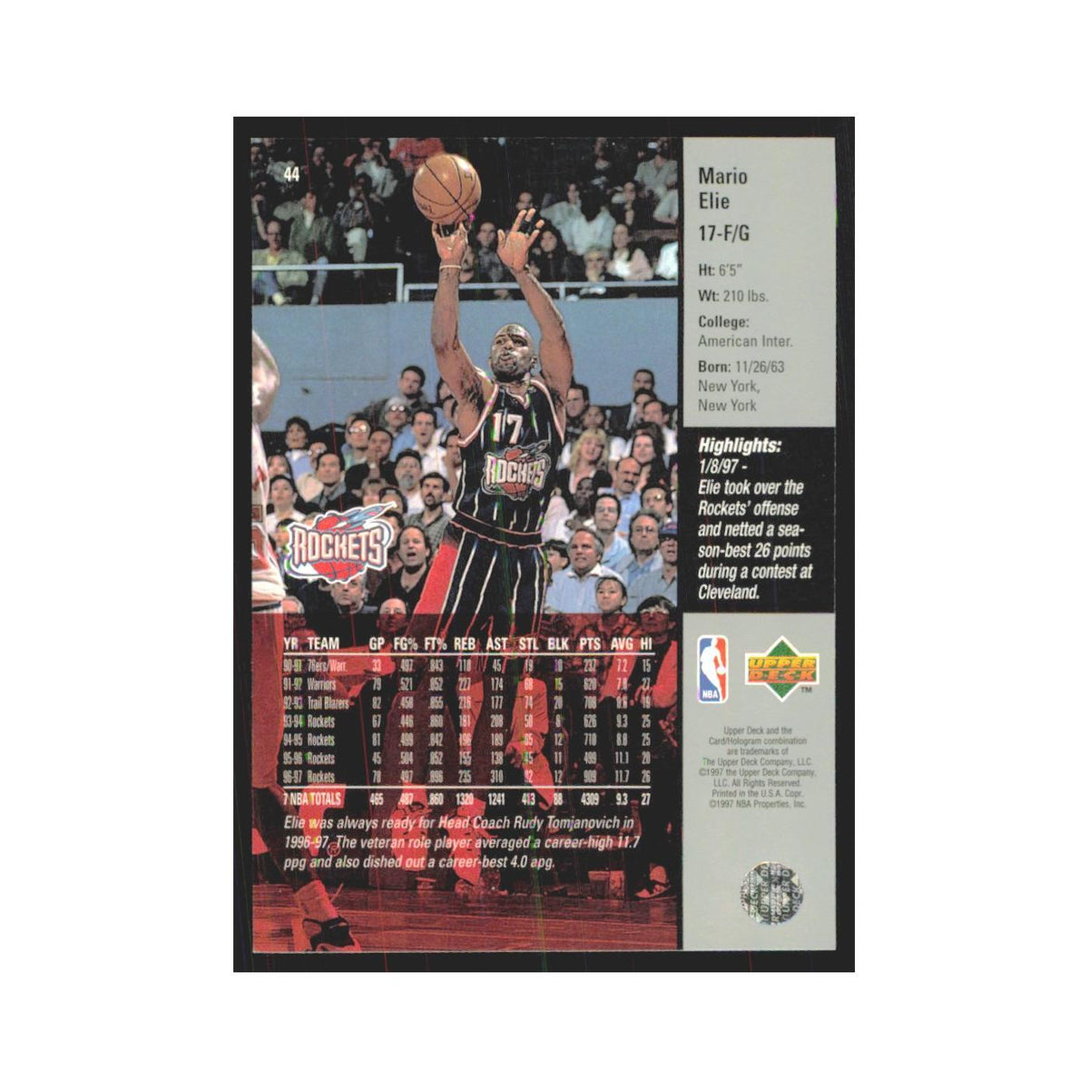 Mario Elie 1997 Upper Deck #44 Houston Rockets Basketball Card NM