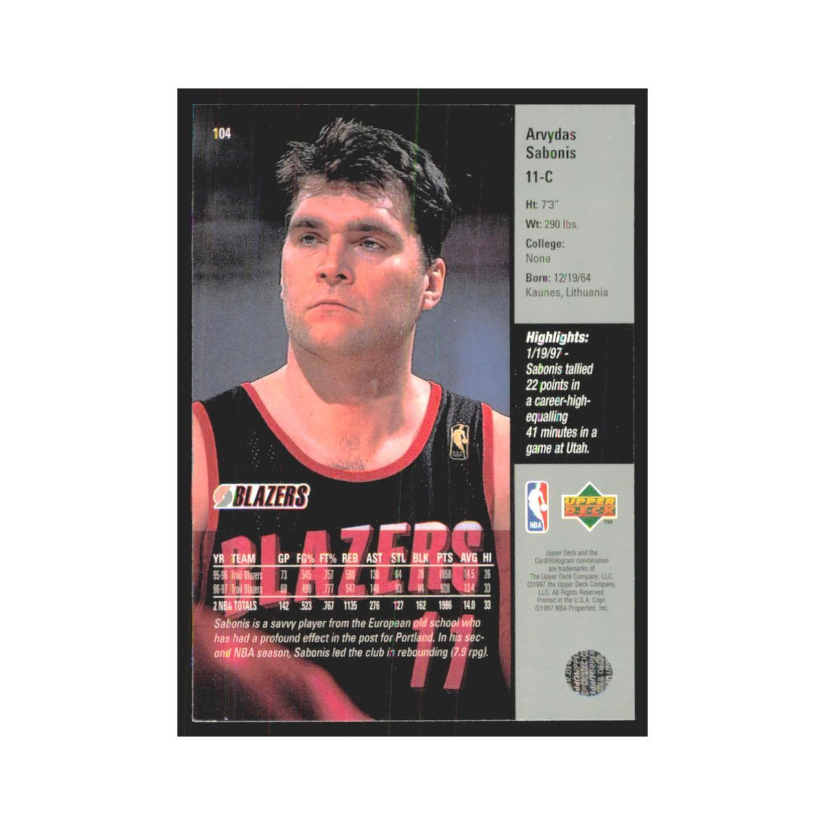 Arvydas Sabonis 1997 Upper Deck #104 Portland Trail Blazers Basketball Card NM