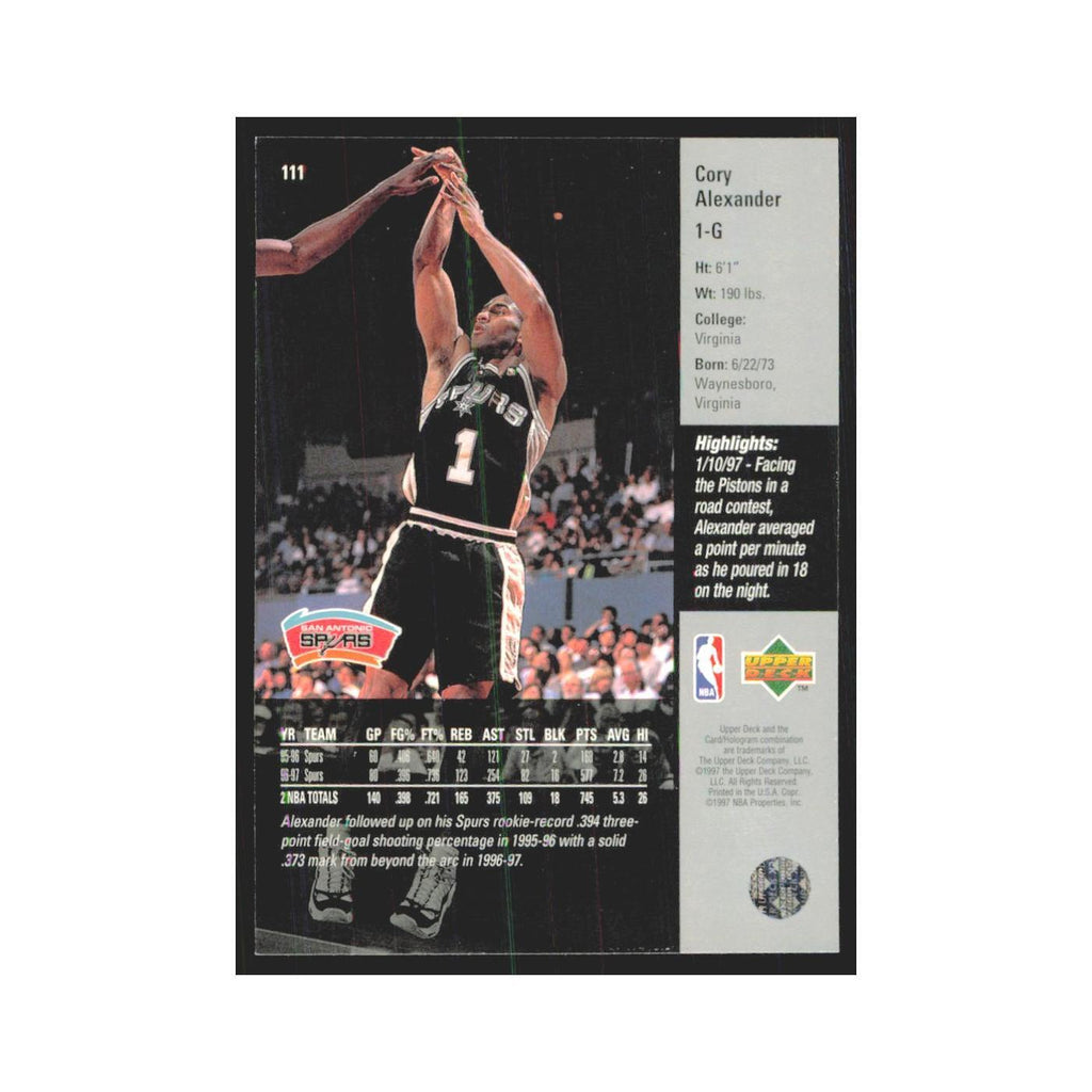 Cory Alexander 1997 Upper Deck #111 San Antonio Spurs Basketball Card NM