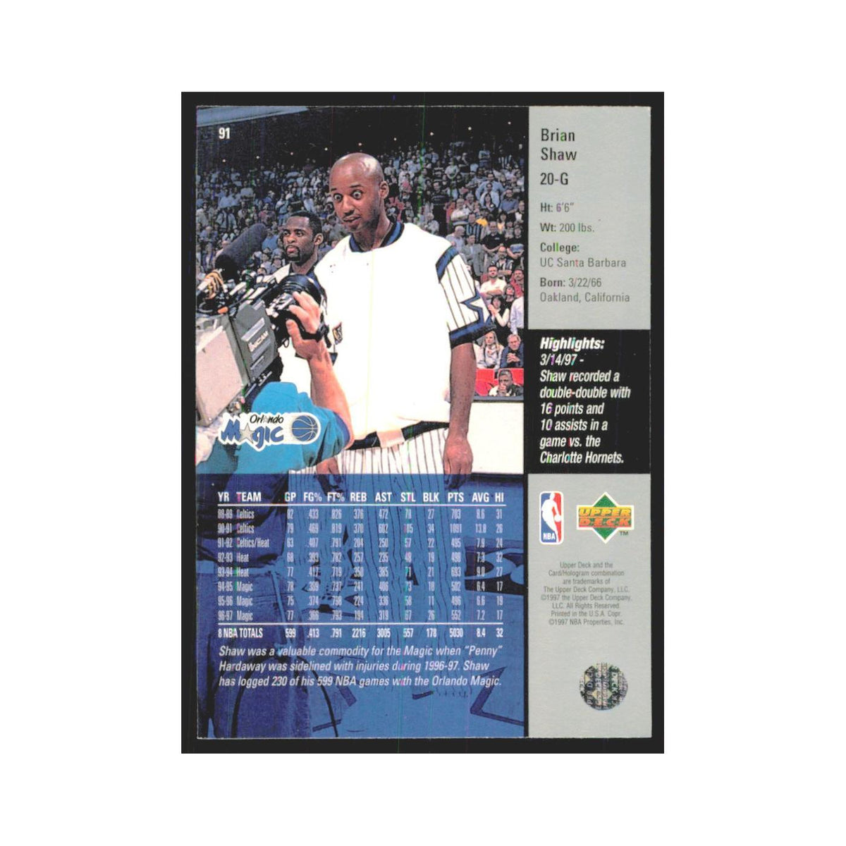 Brian Shaw 1997 Upper Deck #91 Orlando Magic Basketball Card NM