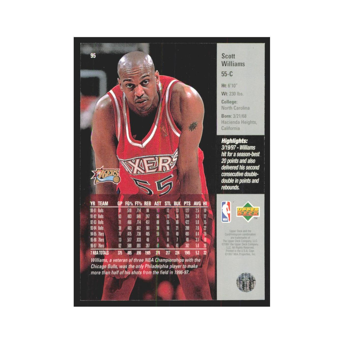 Scott Williams 1997 Upper Deck #95 Philadelphia 76ers Basketball Card NM