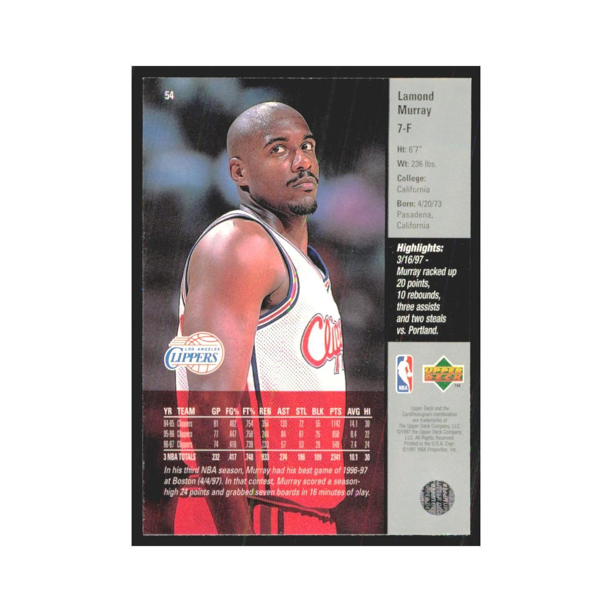 Lamond Murray 1997 Upper Deck #54 Los Angeles Clippers Basketball Card NM