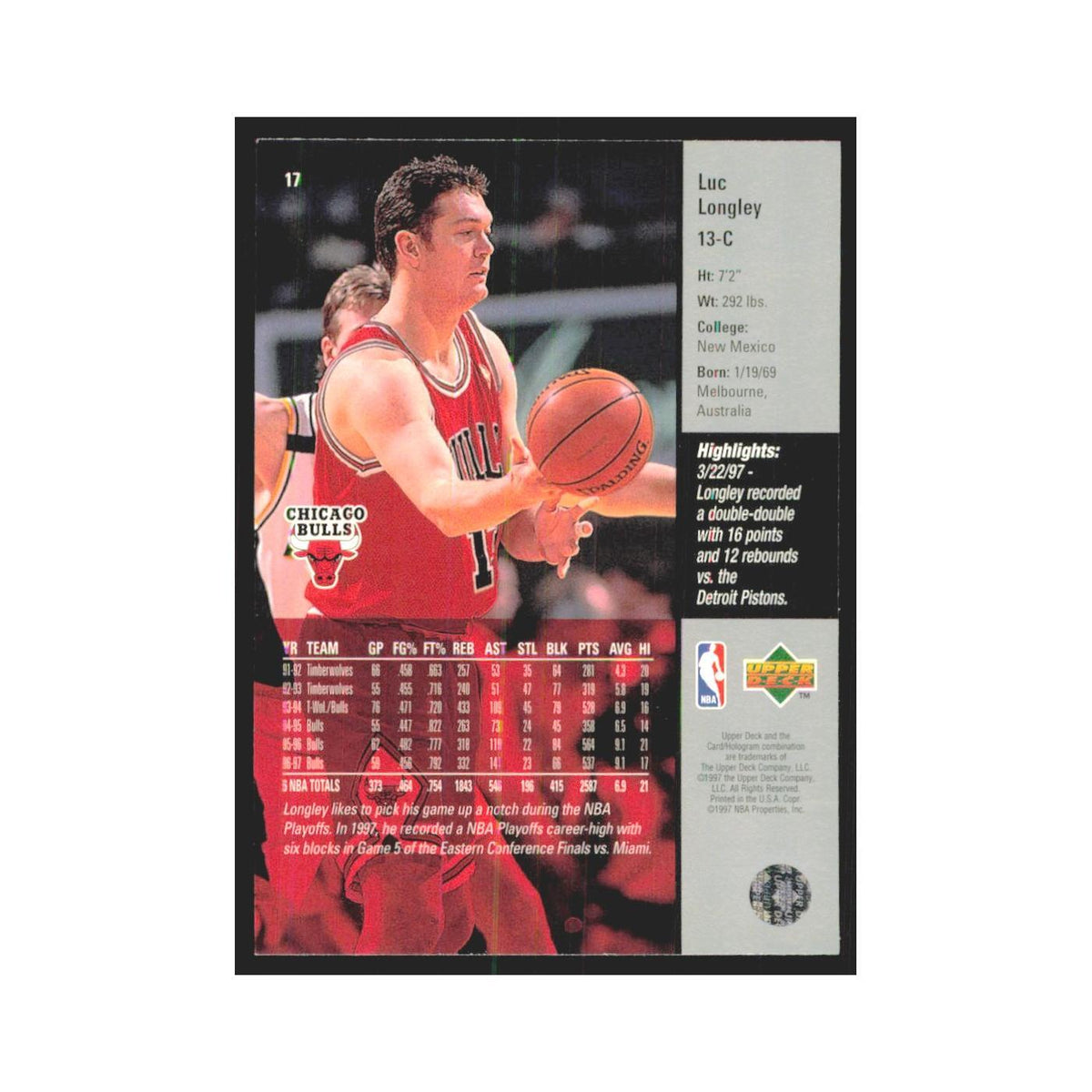 Luc Longley 1997 Upper Deck #17 Chicago Bulls Basketball Card NM