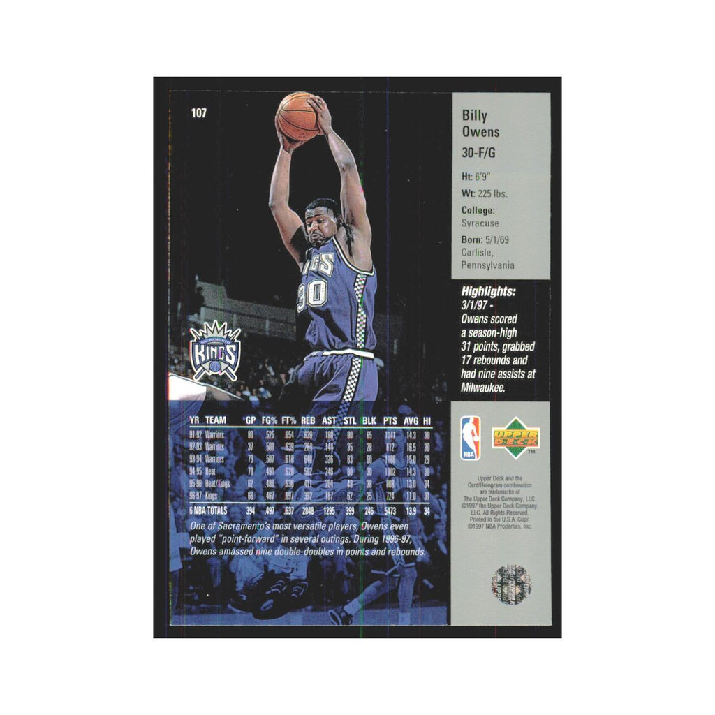 Billy Owens 1997 Upper Deck #107 Sacramento Kings Basketball Card NM