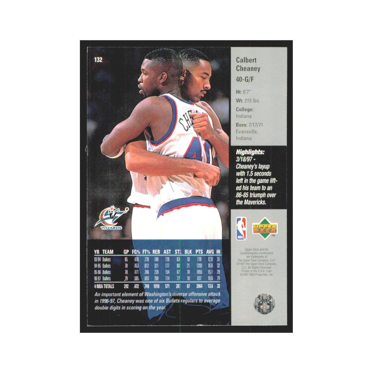 Calbert Cheaney 1997 Upper Deck #132 Washington Wizards Basketball Card NM