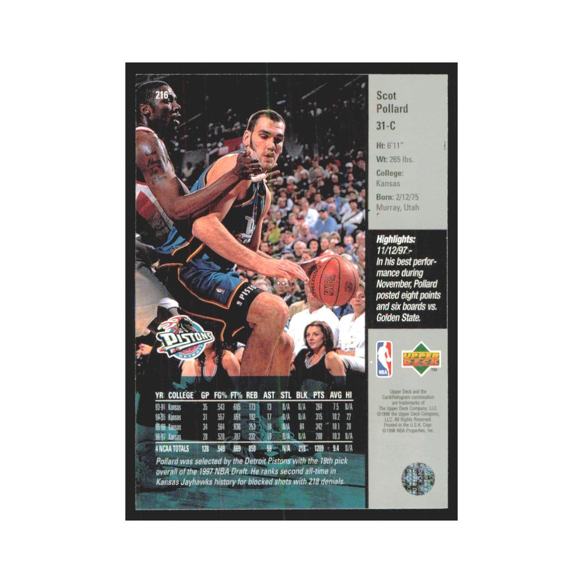 Scot Pollard 1997 Upper Deck #216 Detroit Pistons Basketball Card NM