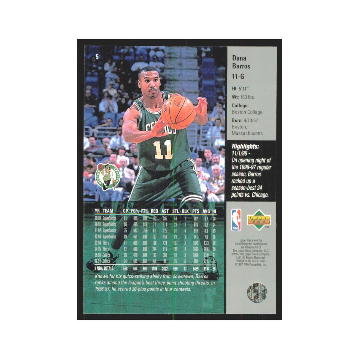 Dana Barros 1997 Upper Deck #5 Boston Celtics Basketball Card NM